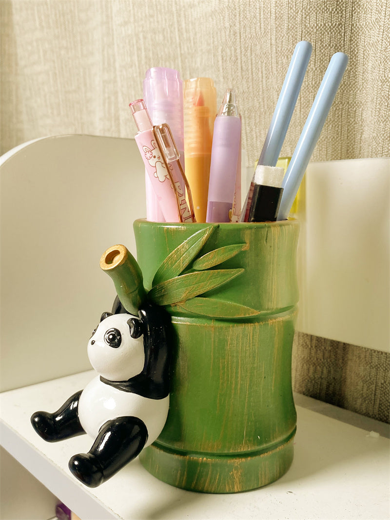 Panda Hanging on Bamboo Pen Holder - Fun and Functional Desk Organizer-Homelova