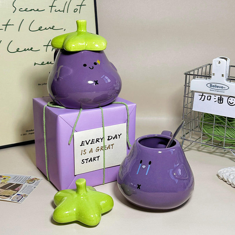 Purple eggplant ceramic mug with happy smiley face, creative gift-Homelova