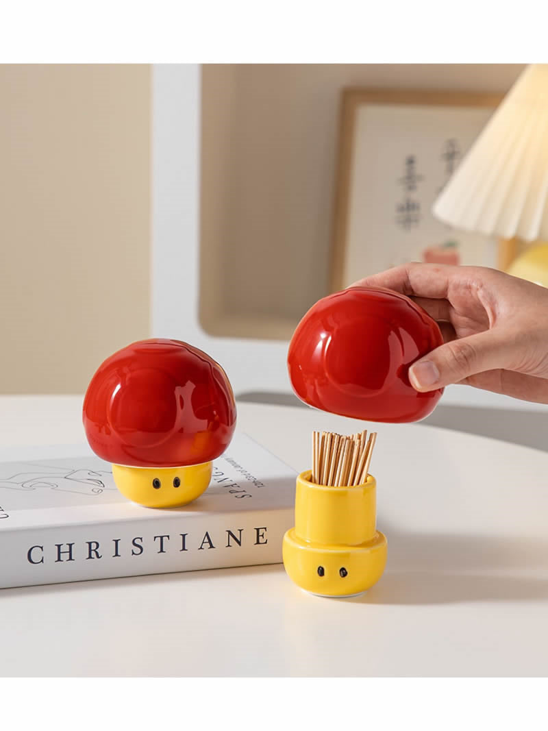 Red Mushroom Ceramic Toothpick Holder, Desktop Decoration Idea, Holiday Gift-Homelova