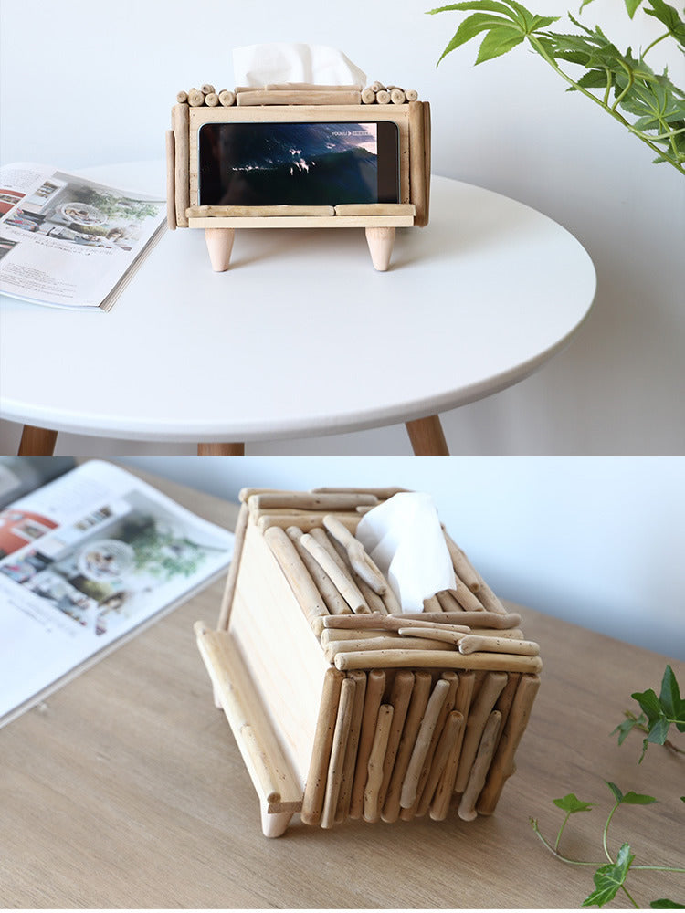 Retro Countryside Wooden Tissue Box with Phone Holder-Homelova