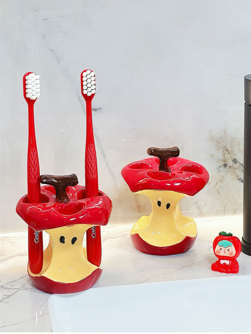 Whimsical Apple Core Ceramic Toothbrush Holder - Fun Bathroom Decor Organizer-Homelova