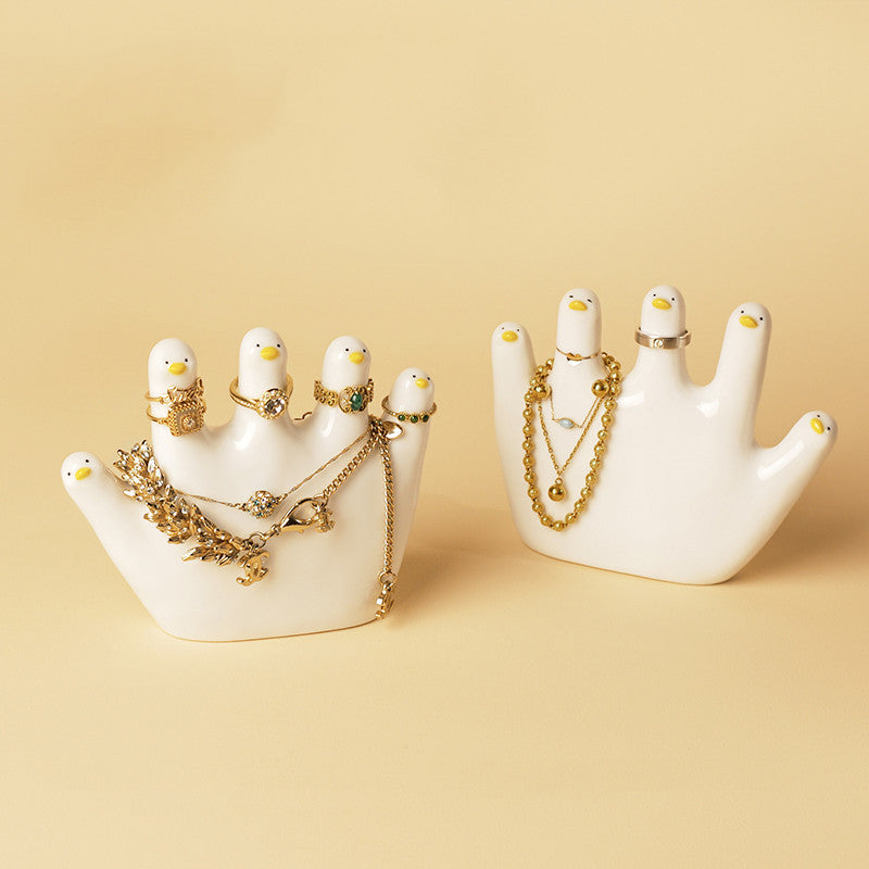 Whimsical Ceramic Hand Jewelry Holder: Duck Finger Design 2pc-Homelova