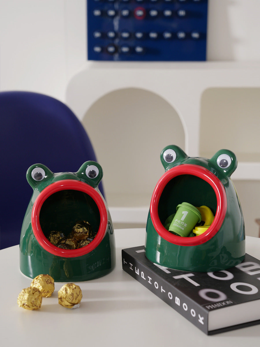 Whimsical Green Frog Ceramic Tray - Big Mouth Desktop Organizer-Homelova