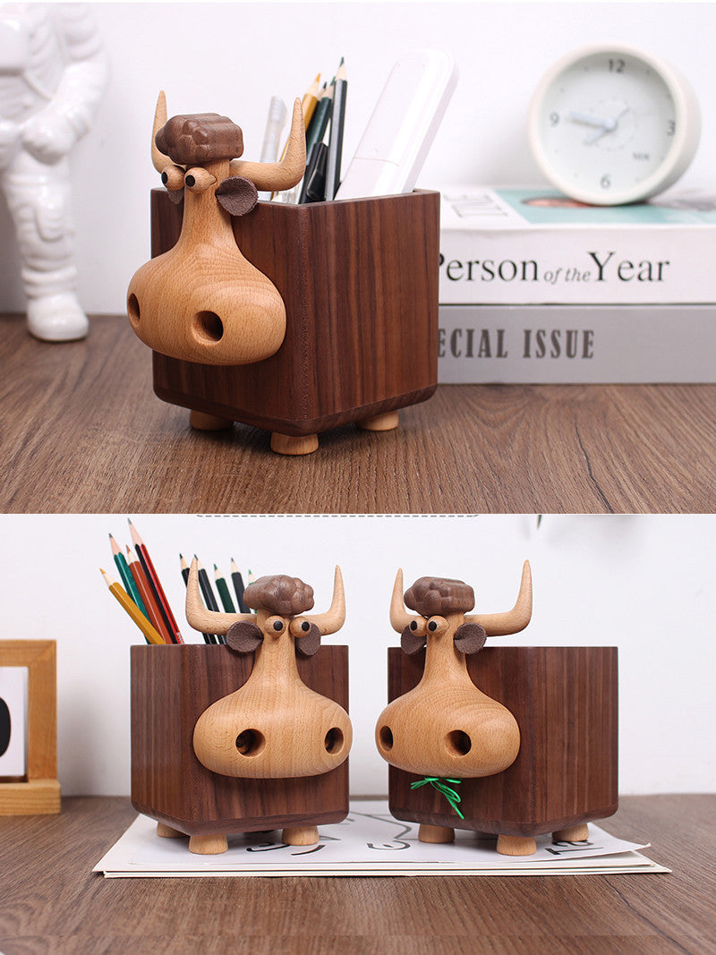 Whimsical Wooden Bull Pen Holder: Fun and Functional Desk Accessory-Homelova