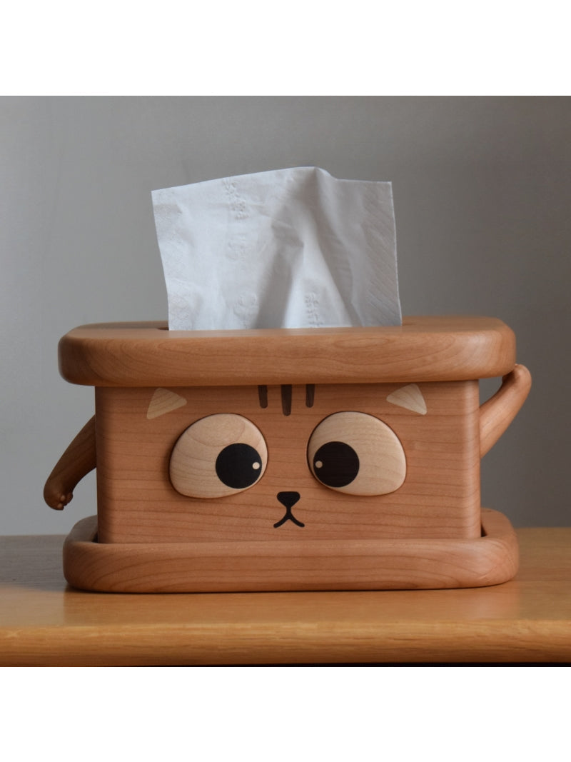 Whimsical Wooden Cat Tissue Box - Cute Cartoon Feline Home Decor with Big Eyes-Homelova