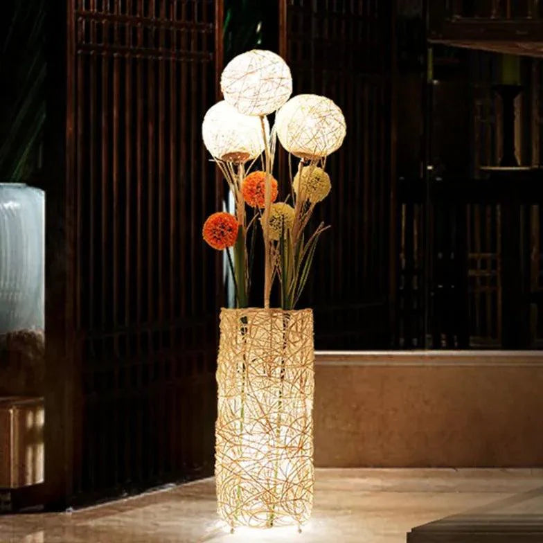 White Retro Rattan Woven Floor Lamp-Homelova