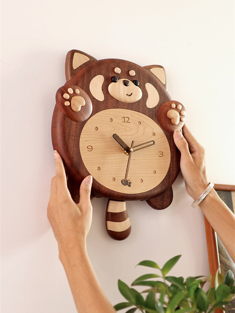 Wooden Chubby Red Panda Wall Clock with Wiggly Tail,Children's Room Decoration-Homelova