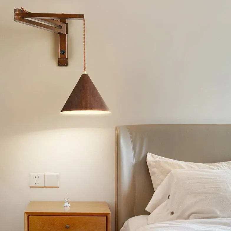 Wooden Cone Adjustable Bedroom Wall Lights-Homelova