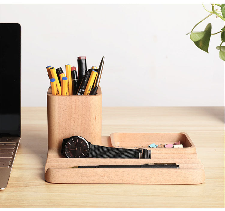 Wooden Office Pen Holder Storage Tray, Multifunctional Desktop Organization-Homelova
