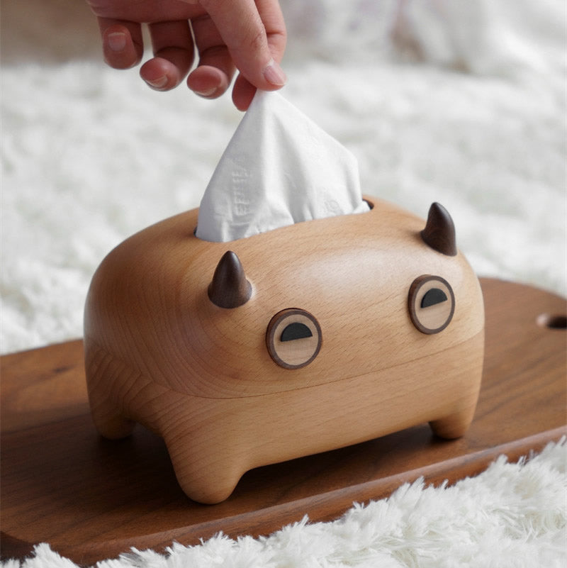 Wooden Double-Horned Monster Tissue Box, Fun Desktop Decoration-Homelova