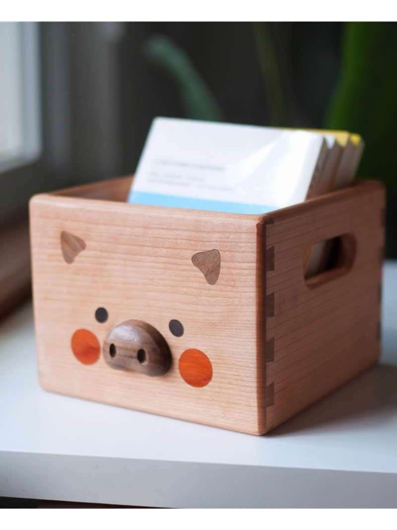 Wooden Pig Face Storage Box - Organizer for Office Desk, Makeup, Jewelry-Homelova