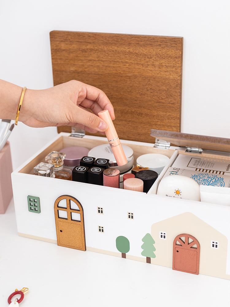 Wooden Small House-Shaped Storage Box, Desktop Decoration Organization-Homelova