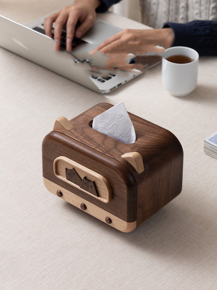 Wooden Tissue Box With Two Cute Cats, Black Walnut Design-Homelova