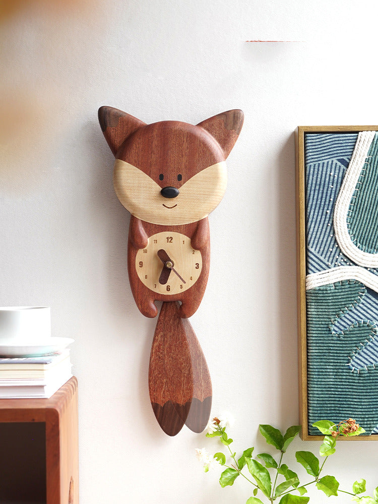 Wooden wagging tail fox wall clock, children's gift, room decoration-Homelova